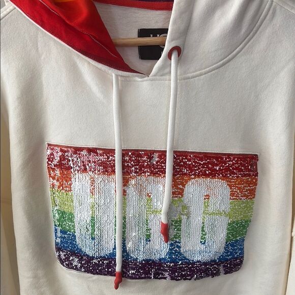 UGG PRIDE 🆕 Women's Cream Hoodie Sweater sequins rainbow 🌈 sweatshirt - Picture 5 of 10